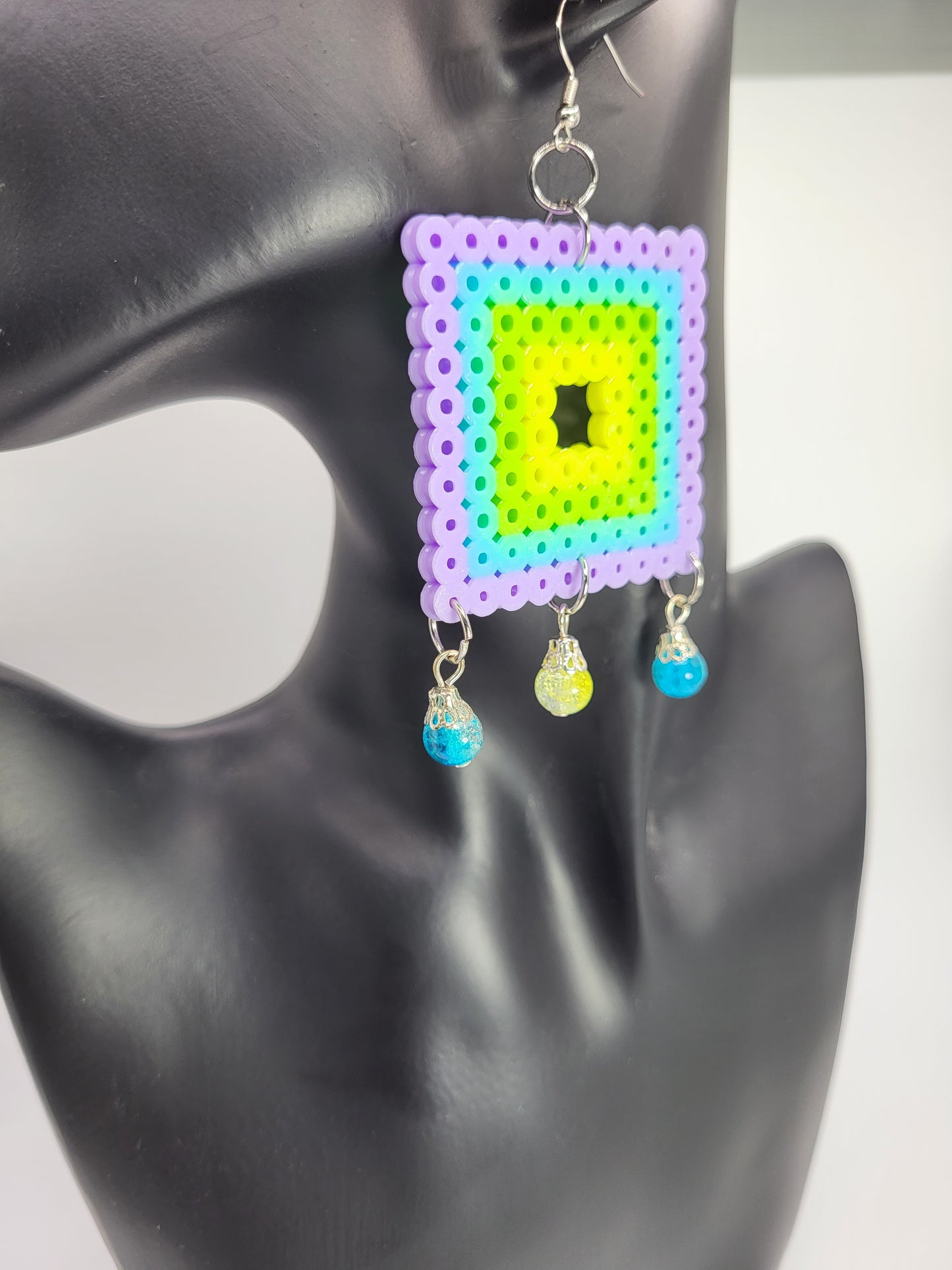 Lilac Perler Bead Square Earrings with Dangling Glass Beads – Whimsical Elegance for Every Occasion!