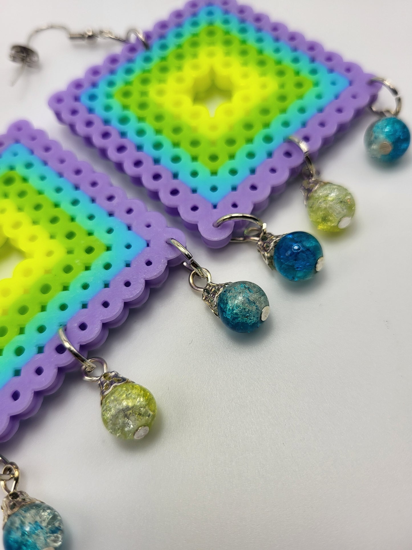 Lilac Perler Bead Square Earrings with Dangling Glass Beads – Whimsical Elegance for Every Occasion!