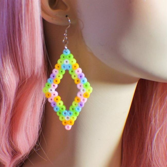 "Pastel Rainbow Perler Bead Earrings – Handcrafted Colorful Art for Your Ears!"