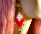 Phobos is ultra-chic diamond-shaped dangled earrings. They are lovingly handmade using Perler Beads and have red and black crackled beads elegantly dangling.   Contains: Perler Beads Glass Crackled Beads-red and black Nickle-free  Handmade-Ocala, FL  Dimensions:  3" length x 1.5" width