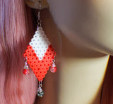 Phobos is ultra-chic diamond-shaped dangled earrings. They are lovingly handmade using Perler Beads and have red and black crackled beads elegantly dangling.   Contains: Perler Beads Glass Crackled Beads-red and black Nickle-free  Handmade-Ocala, FL  Dimensions:  3" length x 1.5" width