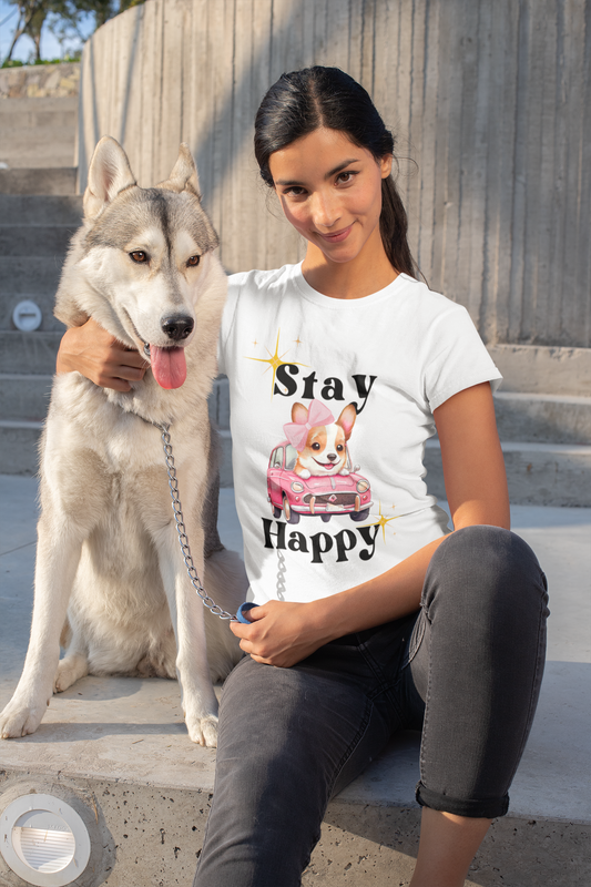 Stay Happy Puppy with Bow Unisex Adult Jersey Short Sleeve Tee