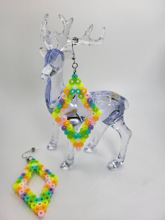 Full Pair: A pair of earrings with pastel rainbow-colored beads, shaped in a teardrop design.