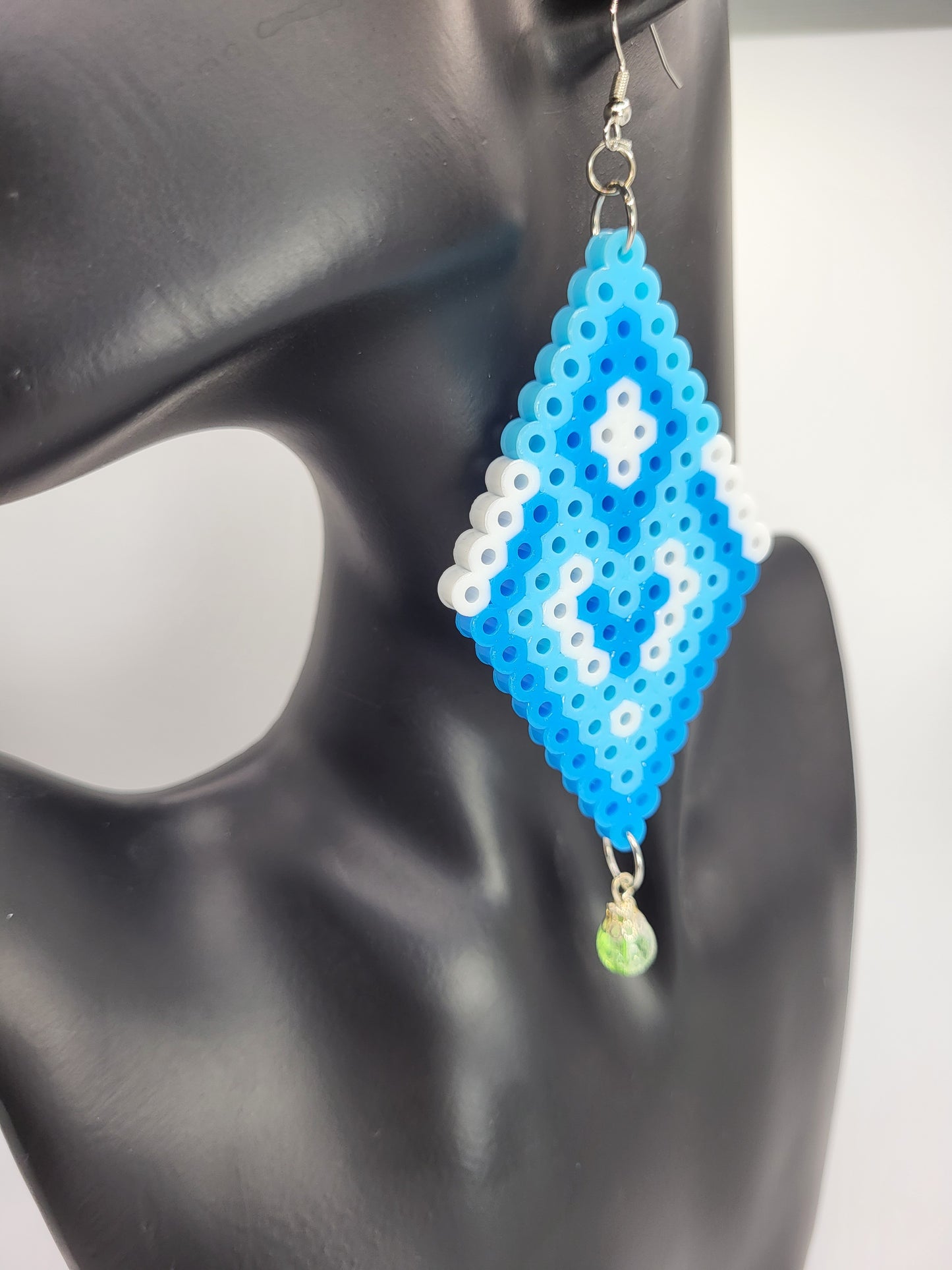 Ami Tribal Perler Bead Diamond Droplet Earrings lose up view on model