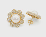 Amora Pearl Blossom Studs – 14k Gold Plated Rhinestone Flower Earrings