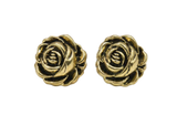Pair of gold rose-shaped earrings on a white background
