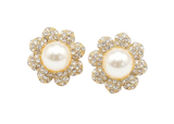 Pair of pearl earrings with gold and diamond accents on a white background